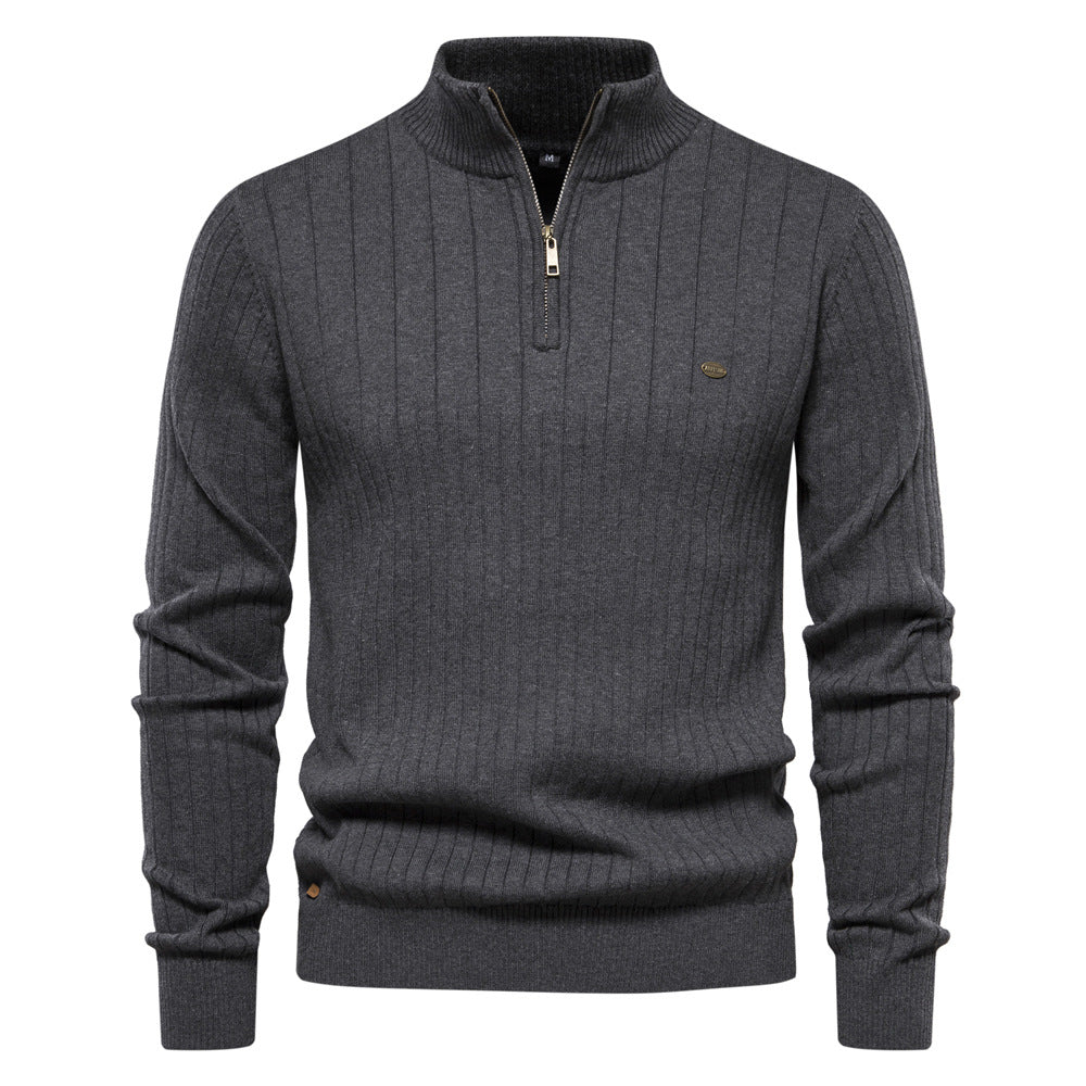 Men'S Stand Collar Sweater Fashion Half-Zipper Solid Color Striped Knit Sweater High Quality Slim Fit Top Clothing