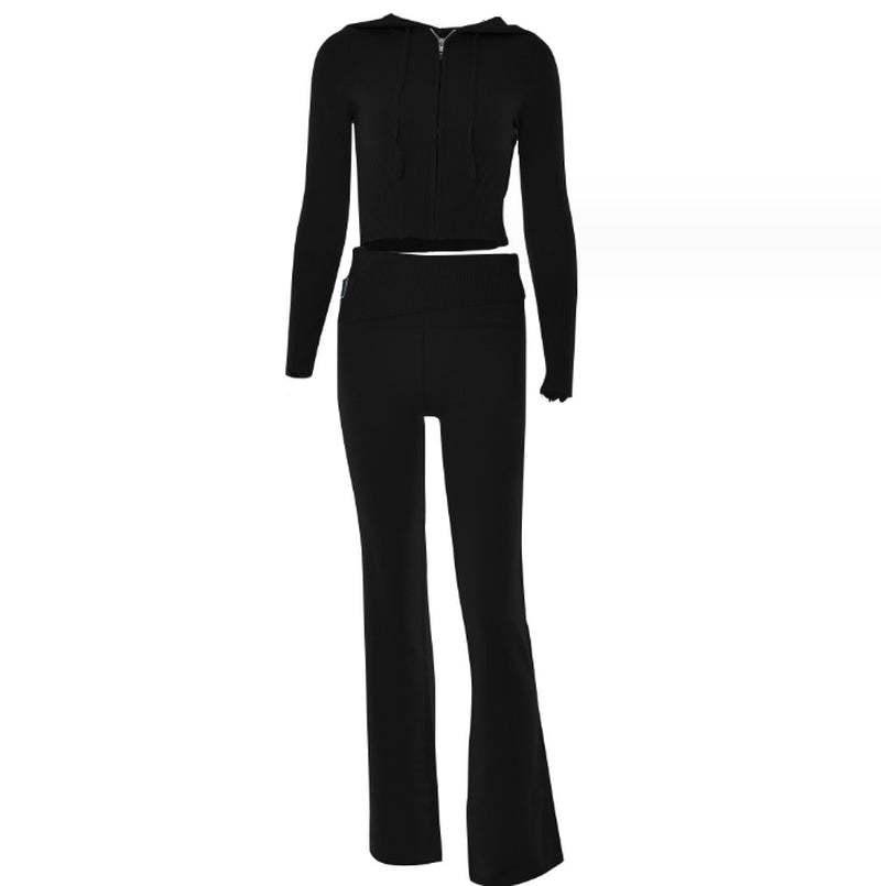 Hoodie Suit Women Leisure Sexy Zip Long Sleeve Sweater and High Waist Long Pants Set